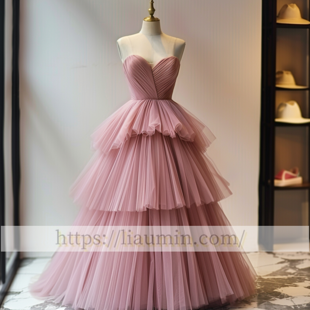 New Pink Tulle Floor Length Evening Prom Lace Up Back Wedding Formal Princess Dress Hand Made W15-9.2