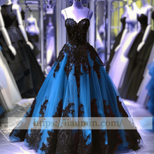Load image into Gallery viewer, Black Lace Applique Strapless Full Length Ball Gown Evening Party Prom Princess Dress  W13-9
