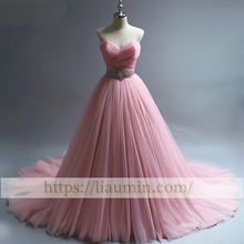 Load image into Gallery viewer, Pink Tulle Floor Length Evening Prom Lace Up Back Wedding Formal Princess Dress Hand Made W15-9.3

