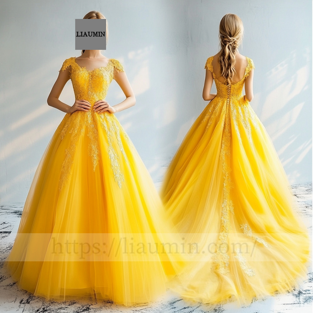 Custom Yellow Tulle With Lace Applique Wedding Evening Prom Formal Princess Dress C-9.4