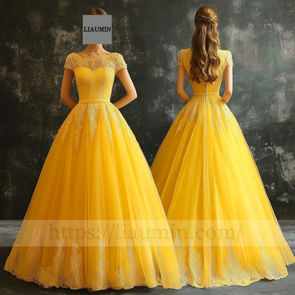 Custom Yellow Tulle With Lace Applique Wedding Evening Prom Formal Princess Dress C-9.5