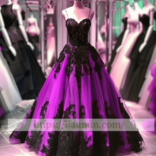Load image into Gallery viewer, Black Lace Applique Strapless Full Length Ball Gown Evening Party Prom Princess Dress  W13-9

