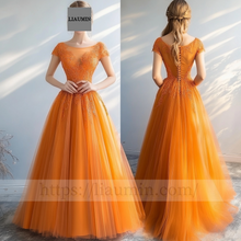 Load image into Gallery viewer, Custom Orange Tulle With Lace Applique Wedding Evening Prom Formal Princess Dress C-9.8
