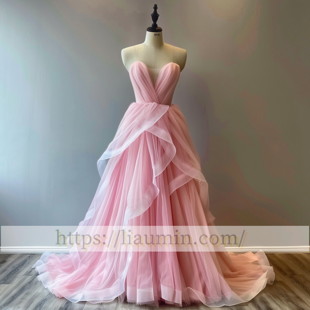 Pink Tulle Full Length Evening Prom Lace Up Back Formal Princess Dress Hand Made W15-9.9